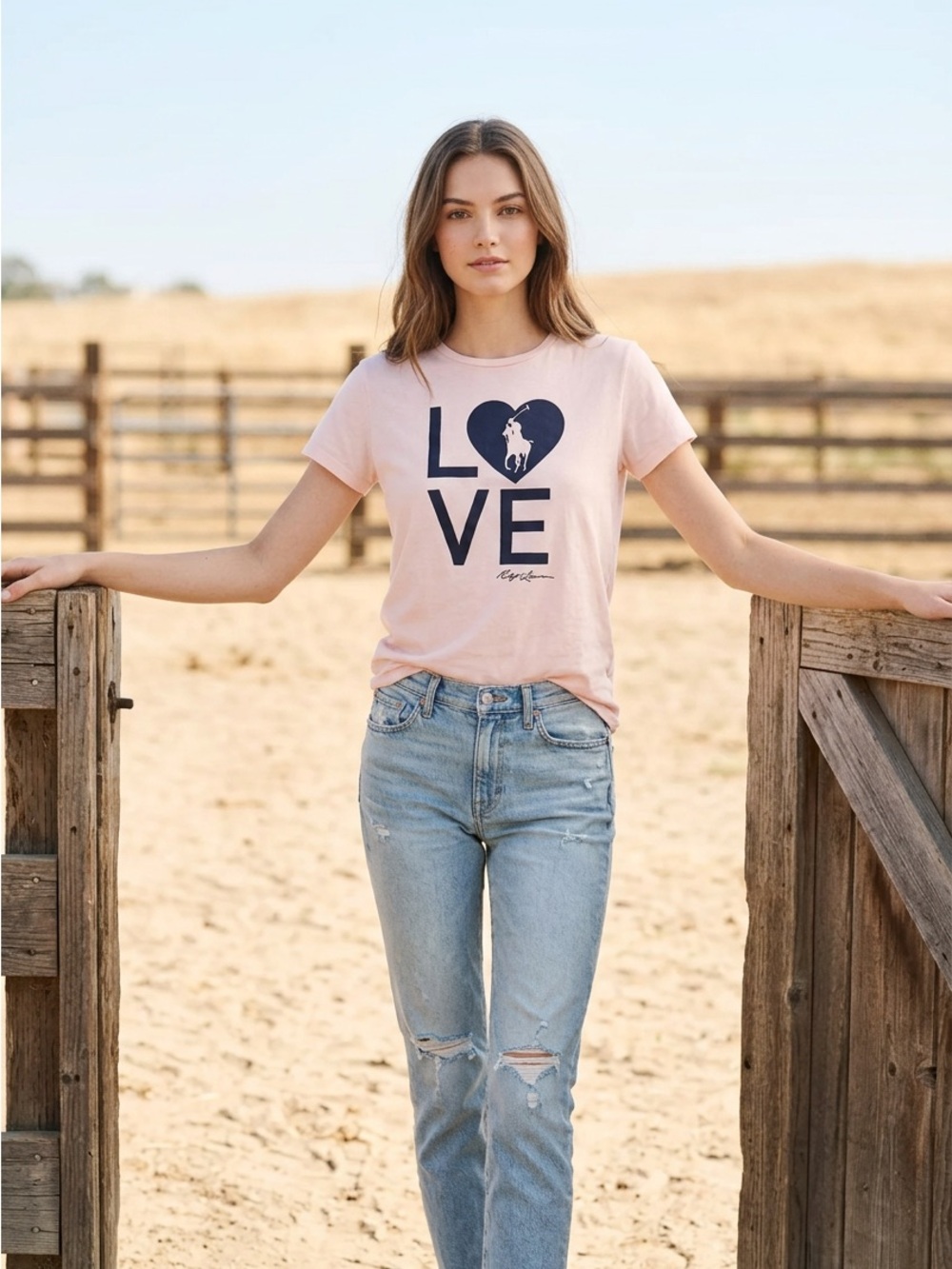 Pony Pink Crewneck Tee with Navy Label